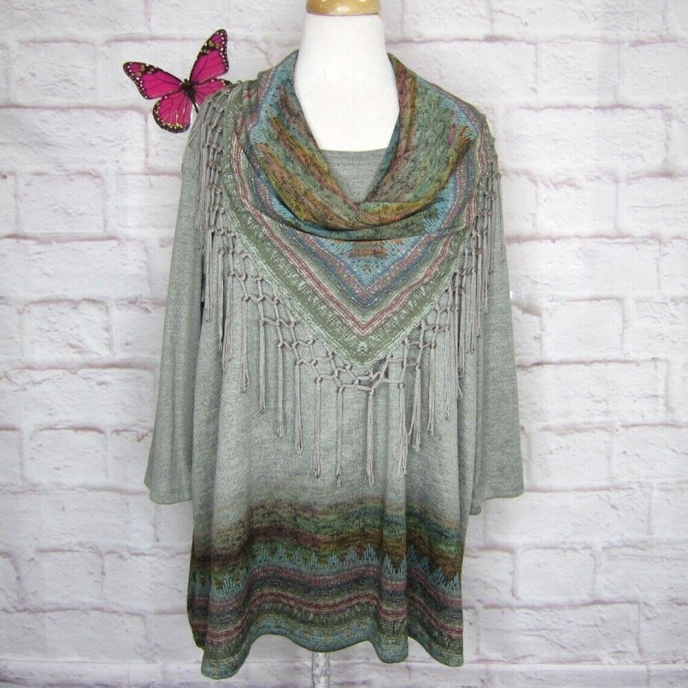 One World Live & Let Live Tunic Top Size 2X Green w/ Removable Fringed Scarf